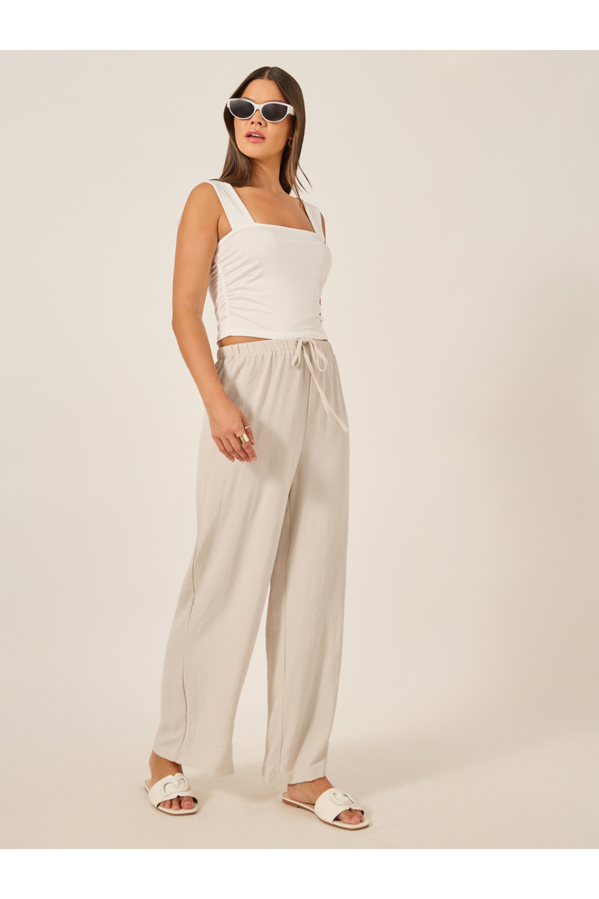 Styli Textured Drawstring Waist Wide Leg Pants