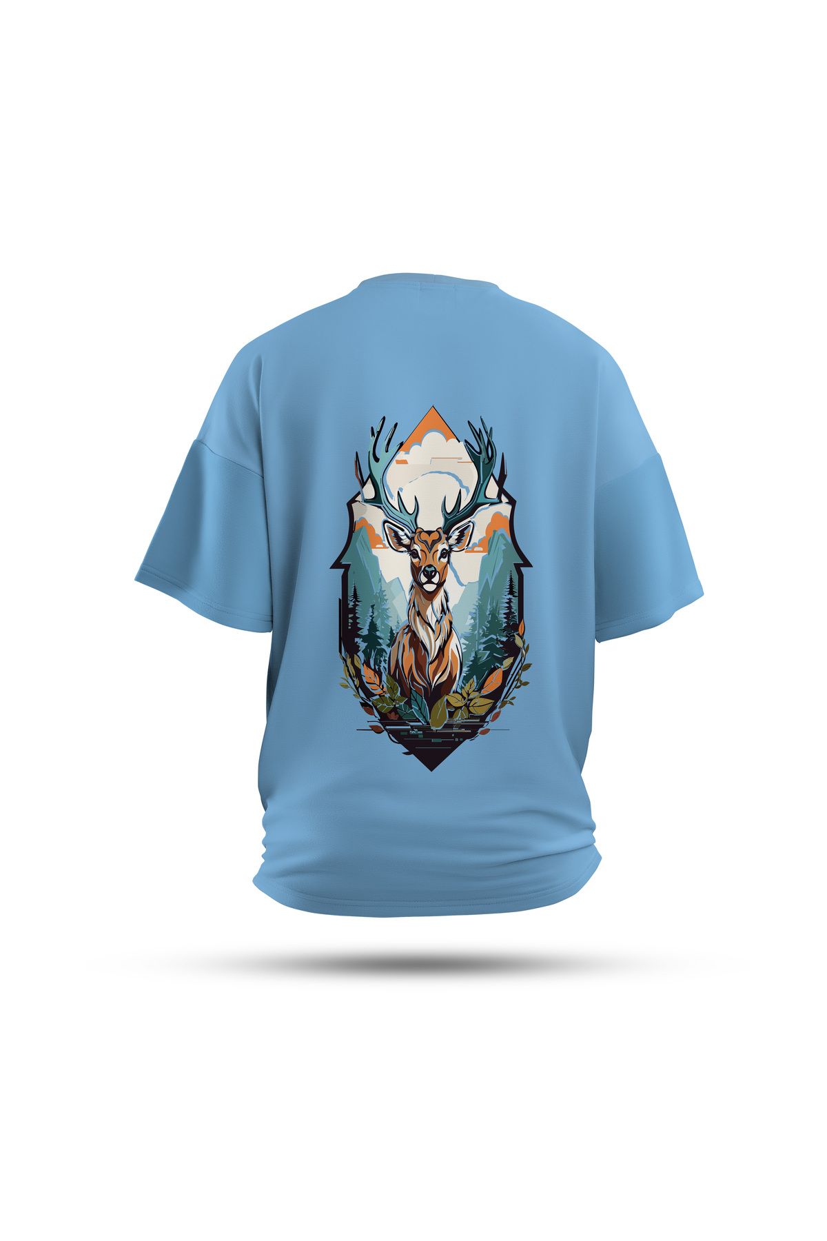 Zestia Unisex T-Shirt, Geyik Sırt Baskılı, Regular, %100 Pamuk, Mavi T-Shirt No: 0025