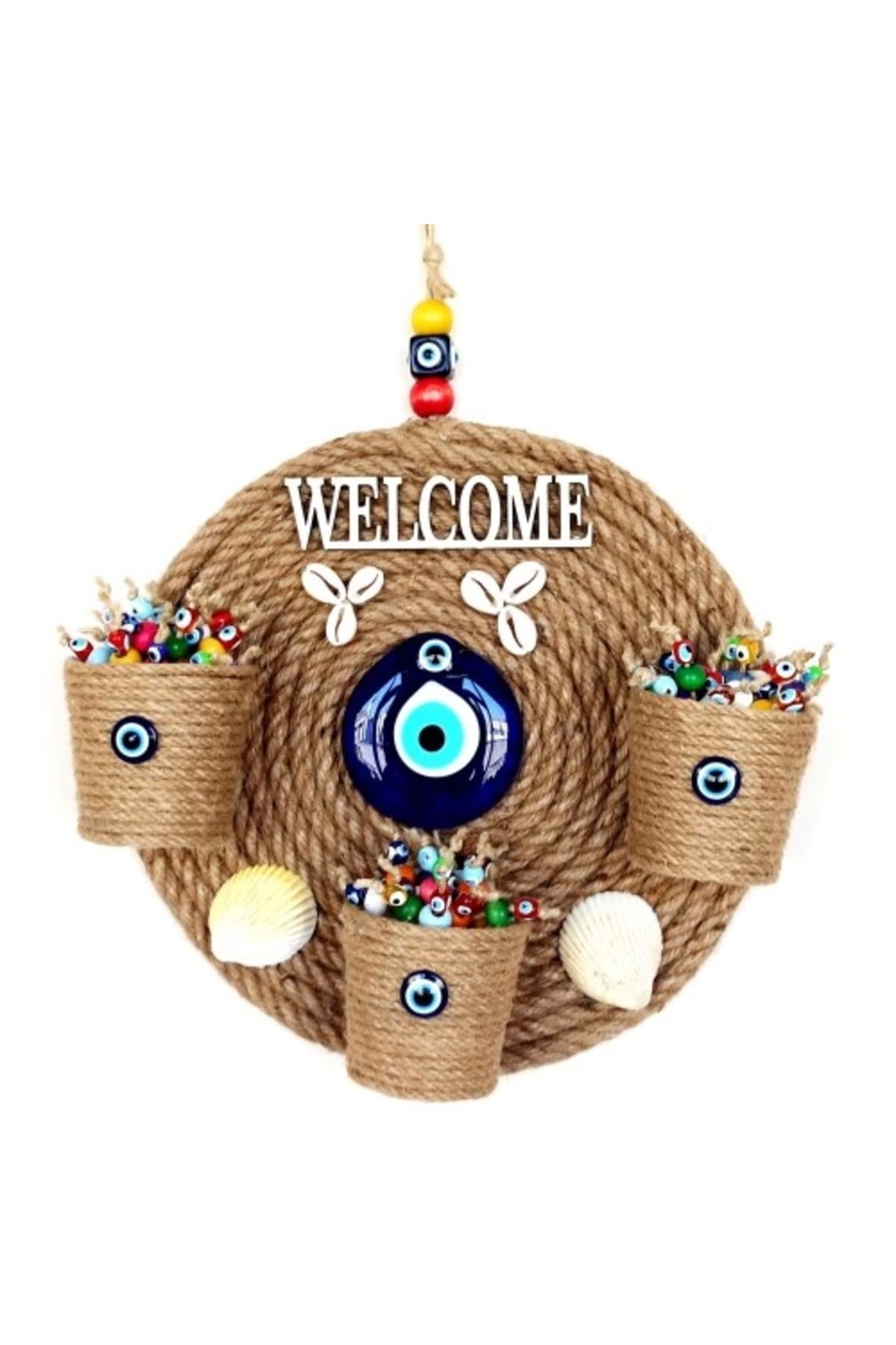 NETWORK ART Üç Saksılı Welcome Yazılı Deniz Kabuklu Nazar Boncuklu Hasır Kapı Süsü