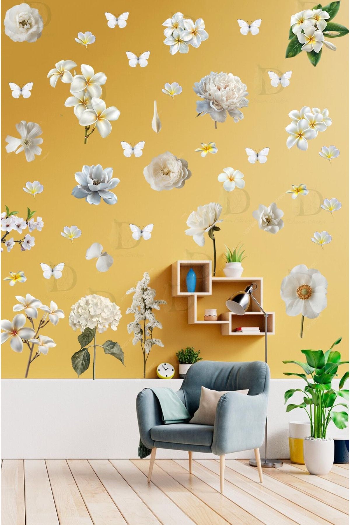 KT Decor Beyaz Çiçekler 40 Parça Premium Duvar Sticker Seti