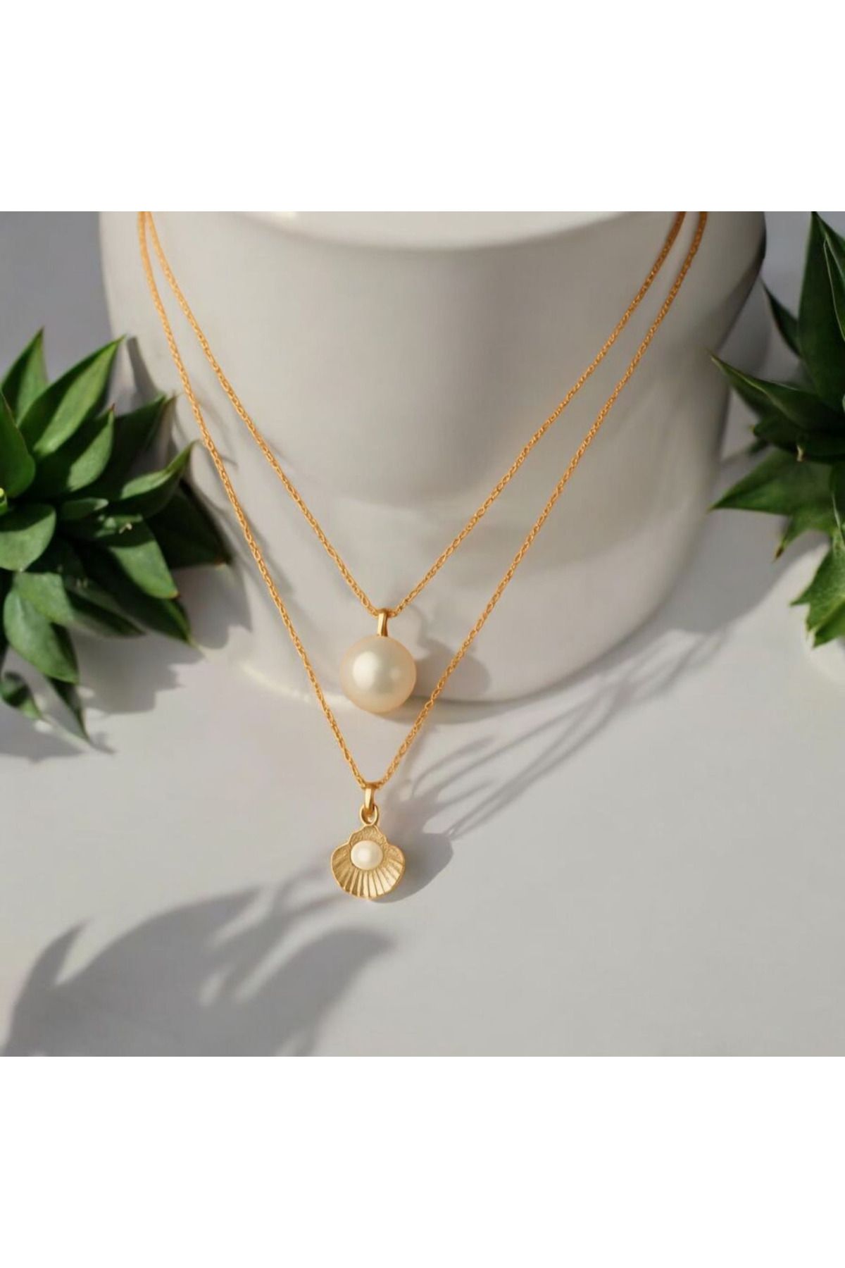 Marchen Collection Kadınlar İçin Altın Renk İncili Midye Kabuğu ve İncili Kolye 2'li