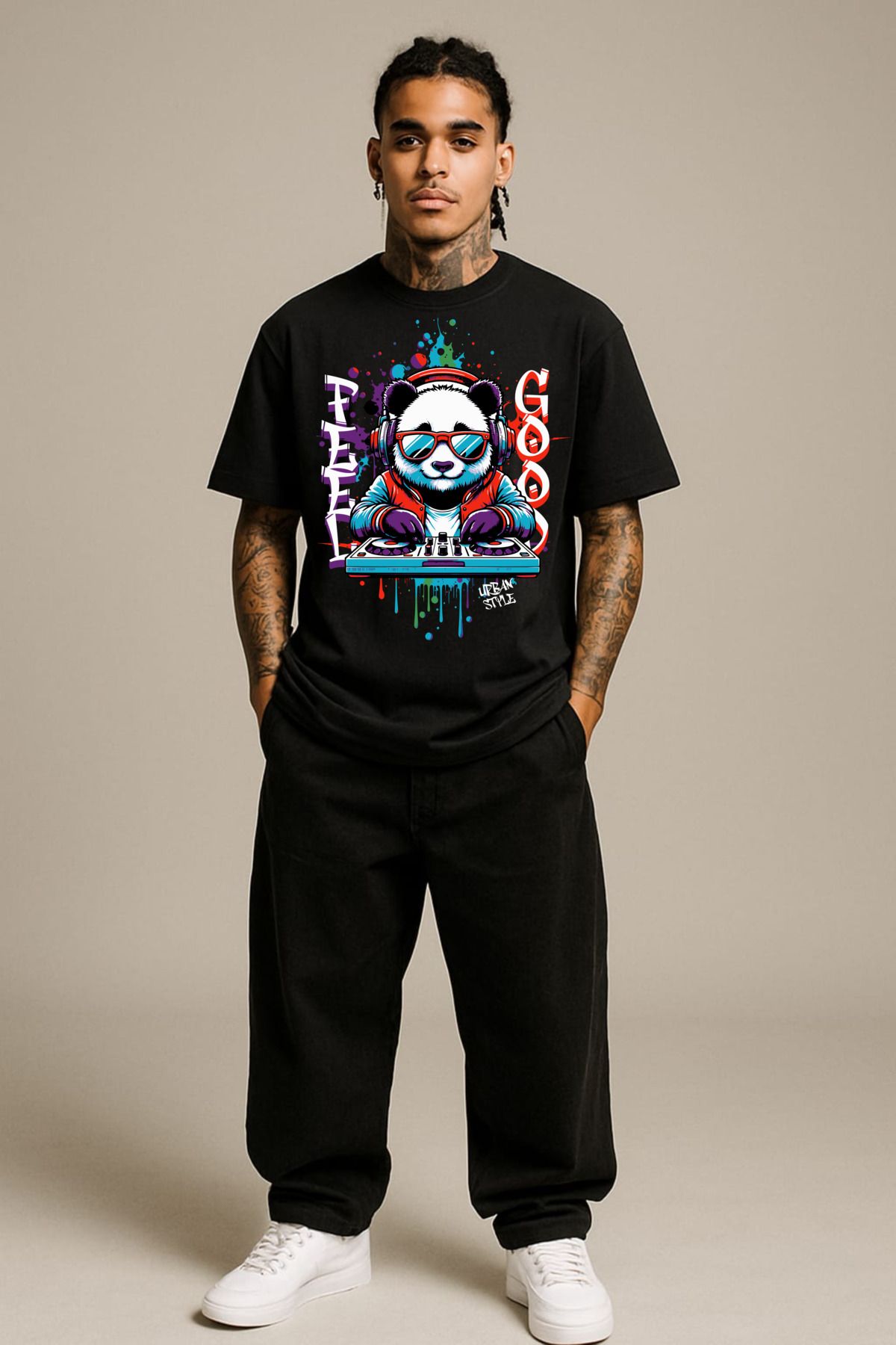 MAYK STREETWEAR KOPYA - OVERSIZE TSHIRT - UNISEX DJ PANDA BASKILI TSHIRT