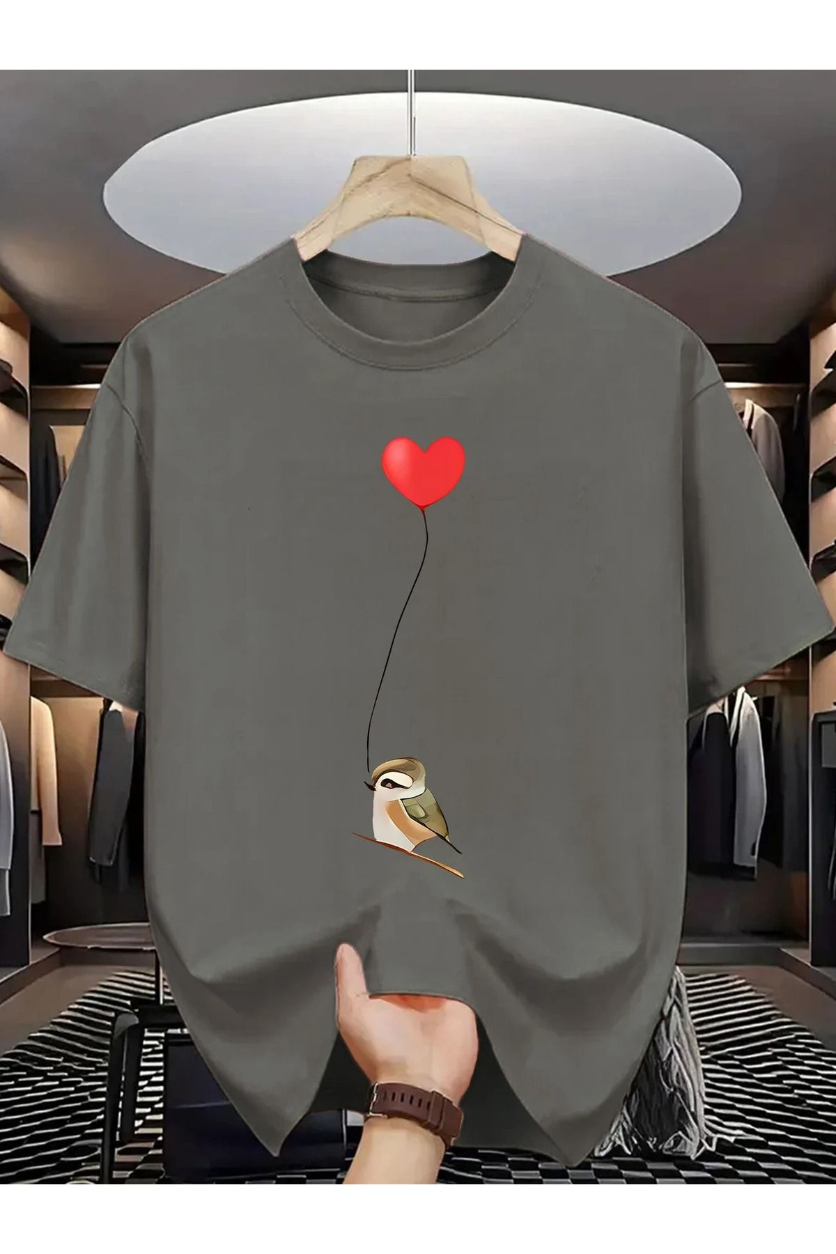 WOODROFFE Erkek Kuş Balon Grafikli Bisiklet Yaka T-shirt Oversize Salaş Boyfirend Siyah
