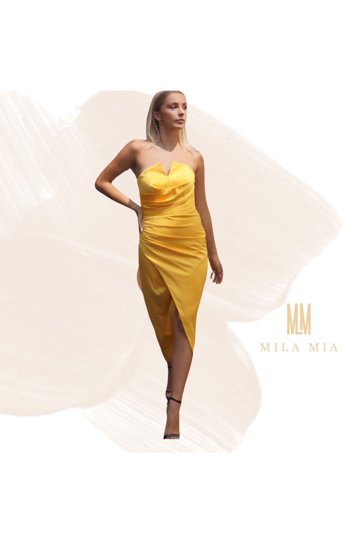 Butik Mila Mia Turkey Straplez Drapeli Kruvaze Yırtmaçlı Saten Abiye – Sarı