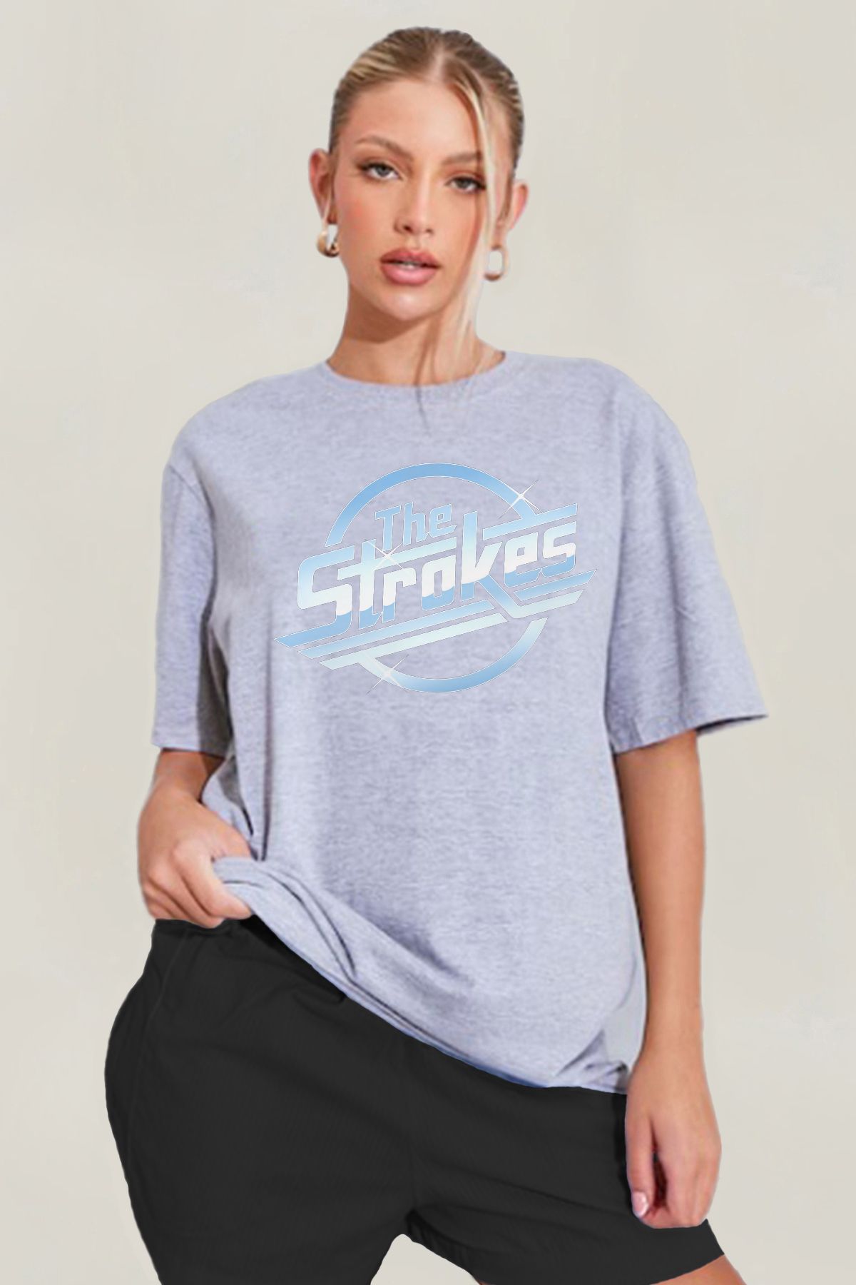 MODA The Strokes Baskılı Oversize Kalıp Grimelanj Geniş Bol Kesim Kadın Tişört