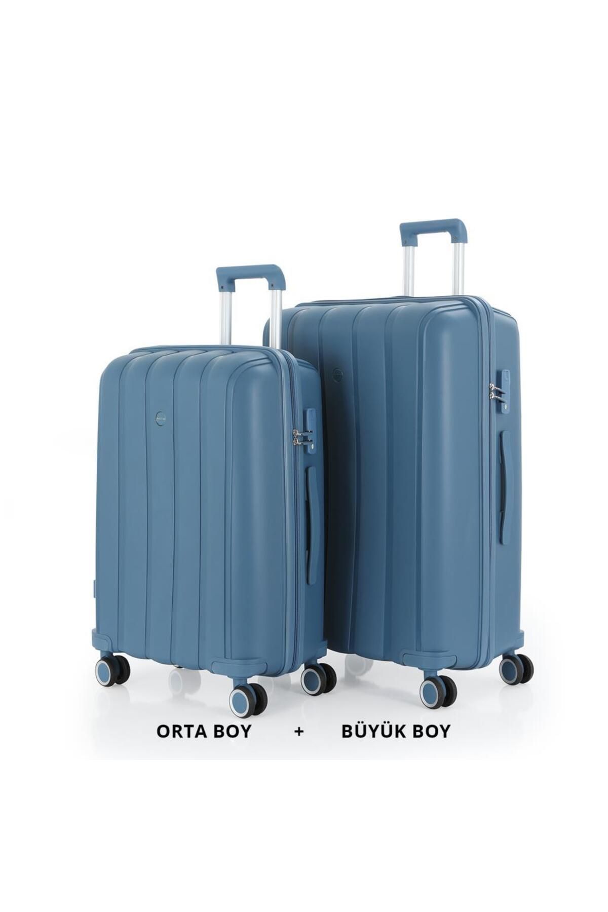 MÇS Bavul Büyük ve Orta 2li Set Kırılmaz Silikon Valiz V305 SkyBlue