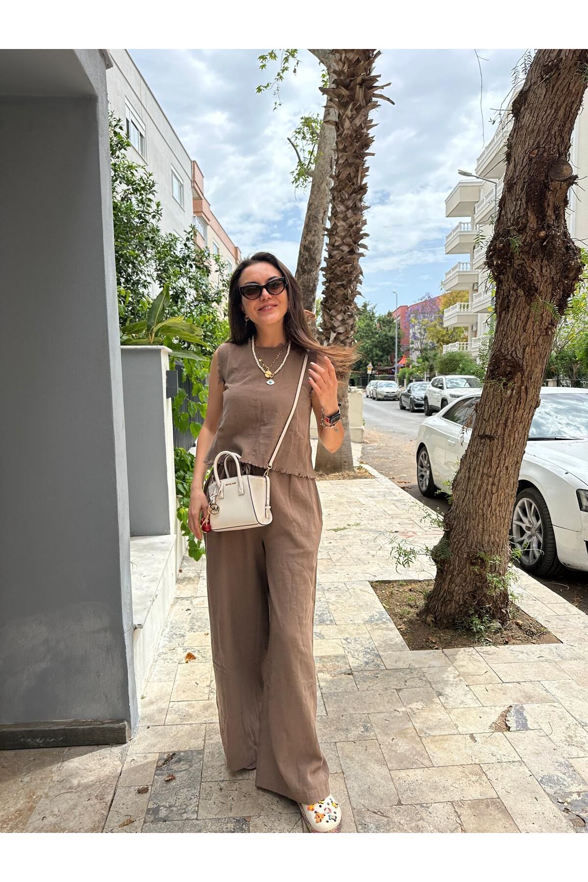 SKYstyles Kahverengi rahat kalıp keten pantalon