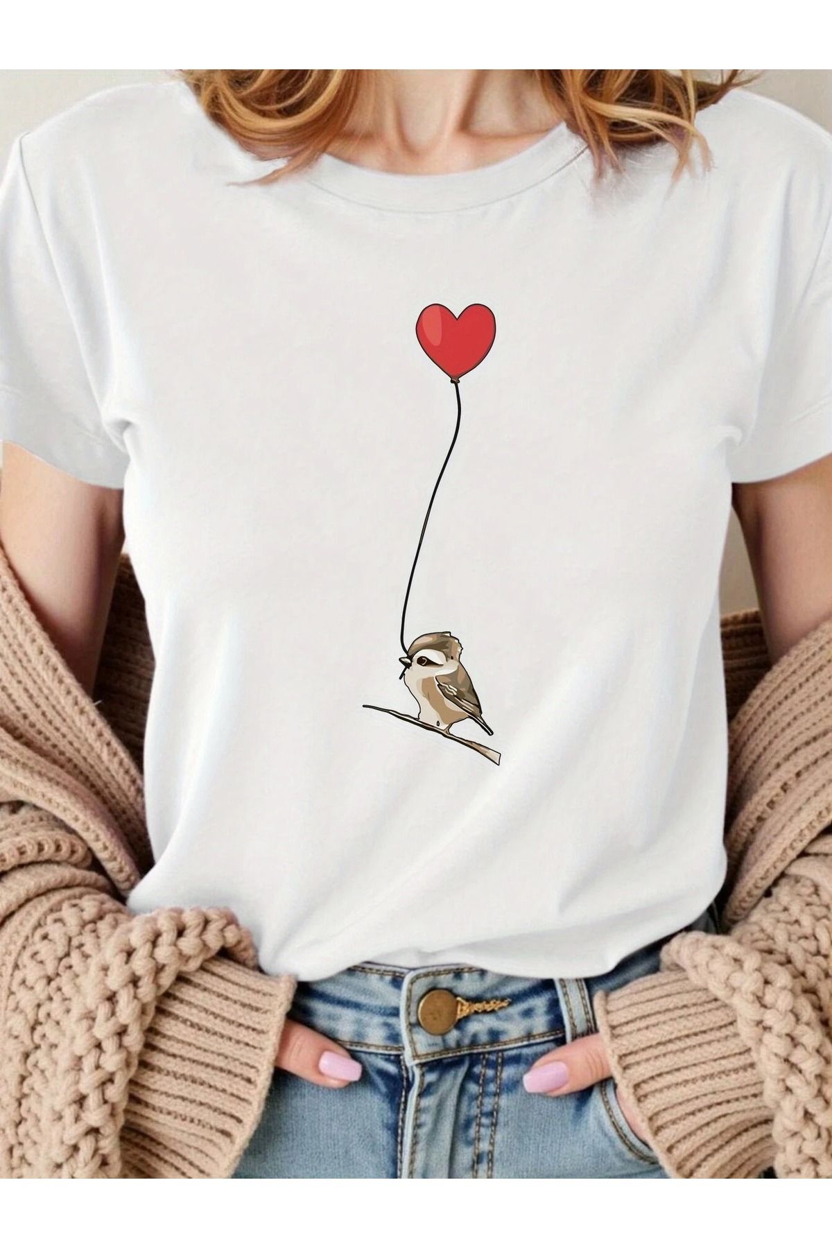 WOODROFFE Kadın Kuş Balon Grafikli Bisiklet Yaka T-shirt Oversize Salaş Boyfirend Siyah