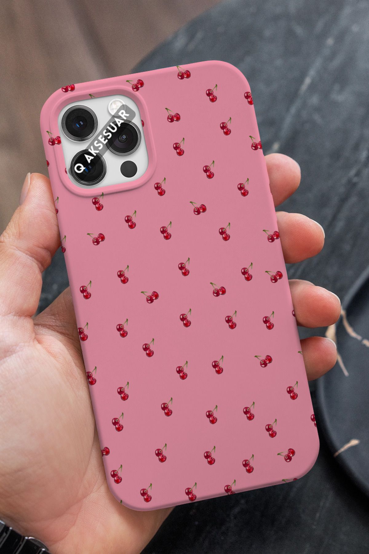 Q Aksesuar İphone 14 Pro Uyumlu Kiraz Tasarımlı Şeker Pembe Premium Telefon Kılıfı