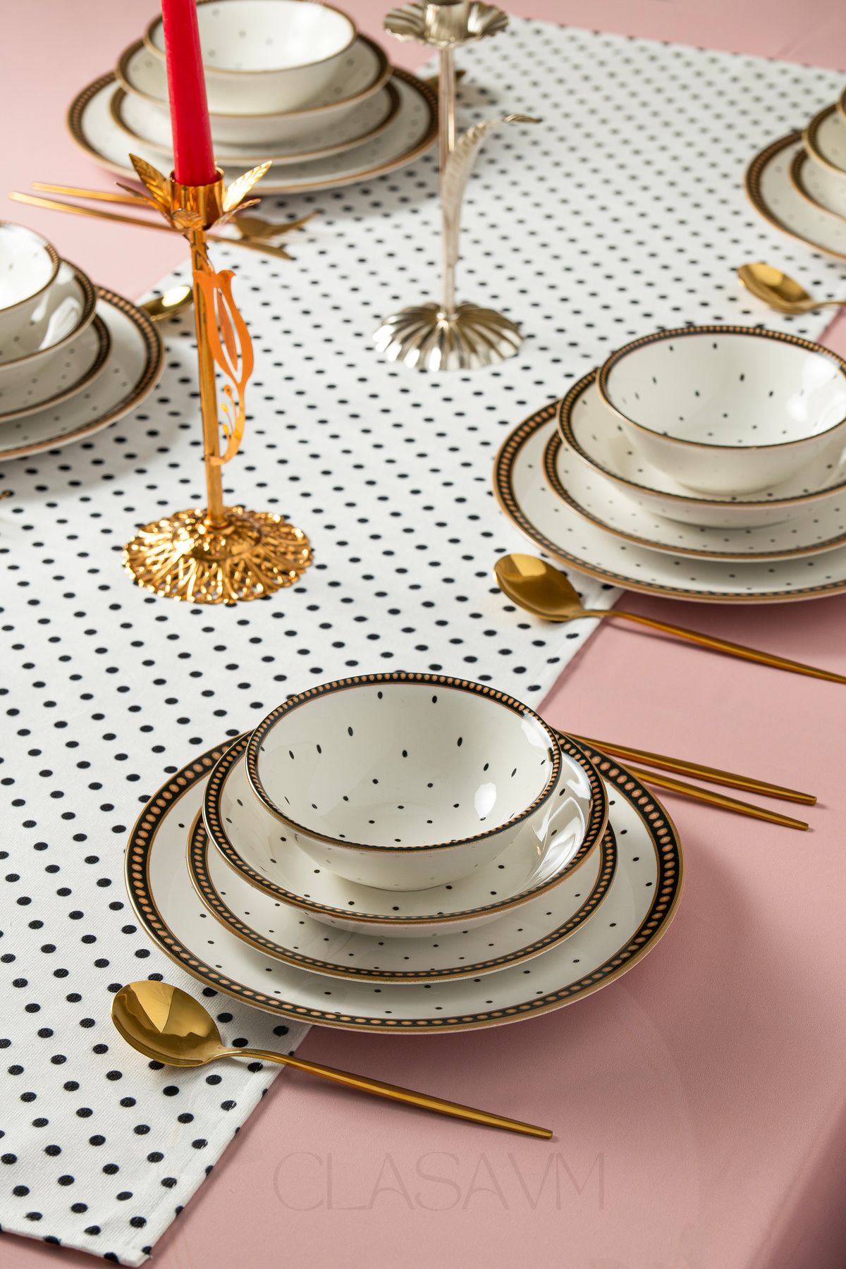 clasavm Dotty 24 Parça Yemek Takımı | Minimal Puantiye Desenli, 6 Kişilik Modern Yemek Takımı
