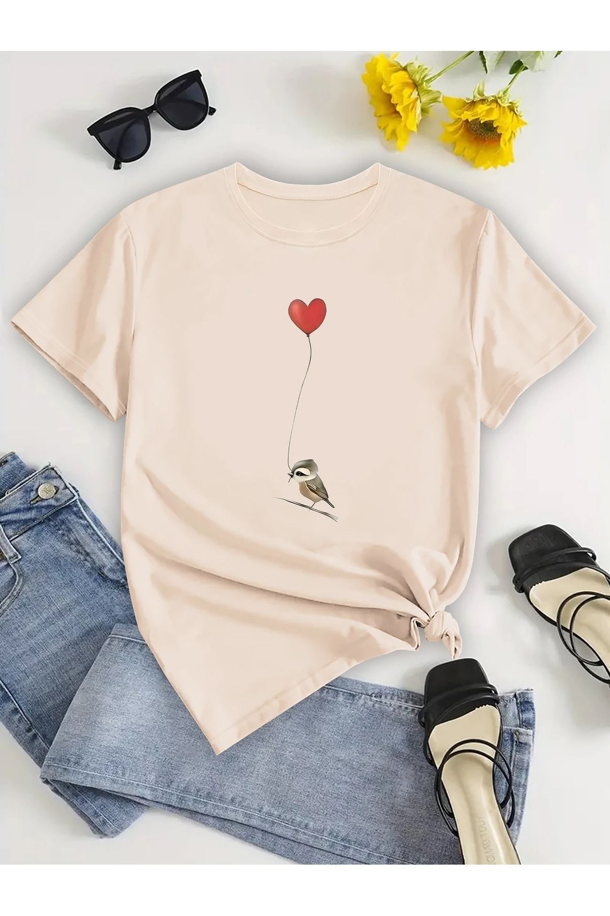 WOODROFFE Kadın Kuş Balon Grafikli Bisiklet Yaka T-shirt Oversize Salaş Boyfirend Siyah