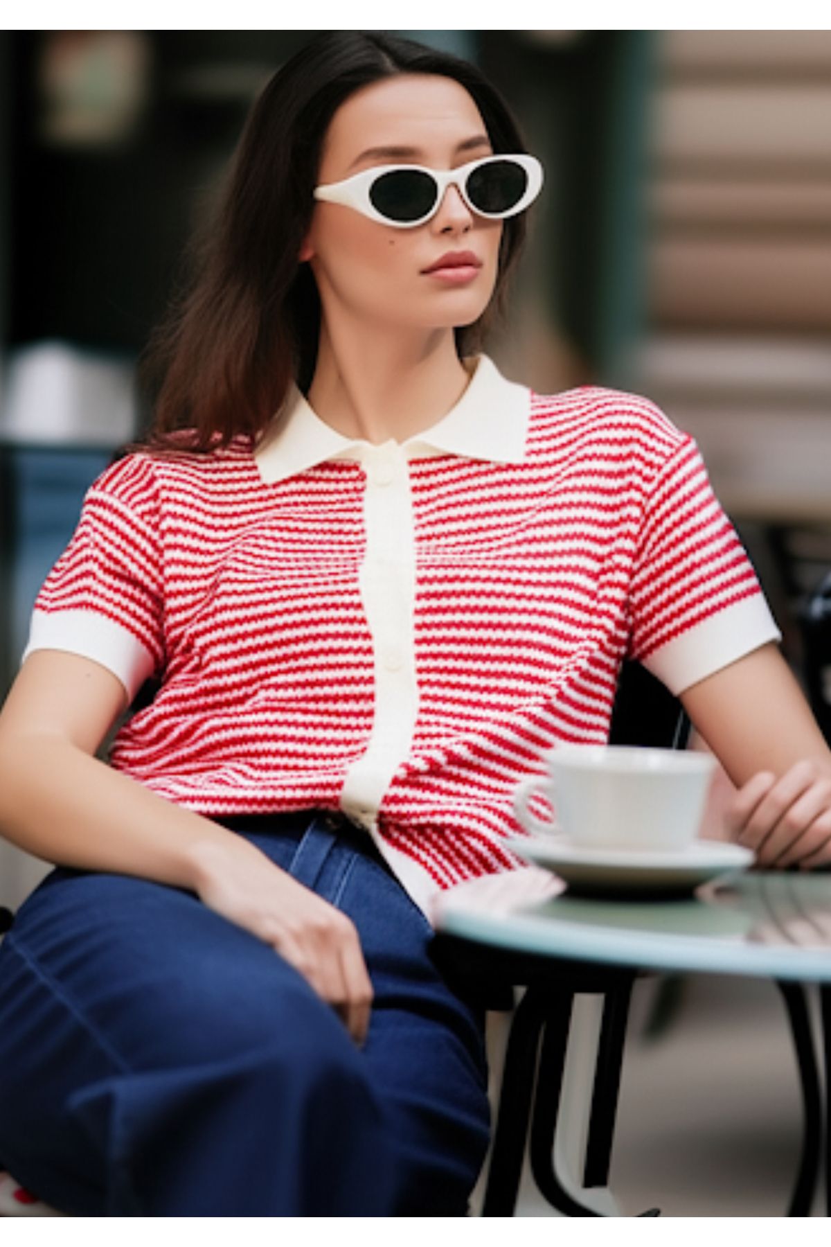 Butik Kırmızı Polo Yaka Çizgili Yazlık Bluz