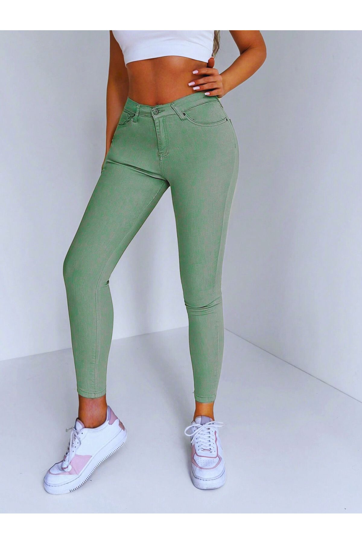 EmWay'S DENİM KADIN YÜKSEK BEL SKINNY MODEL FISTIK YEŞİLİ KOT PANTOLON