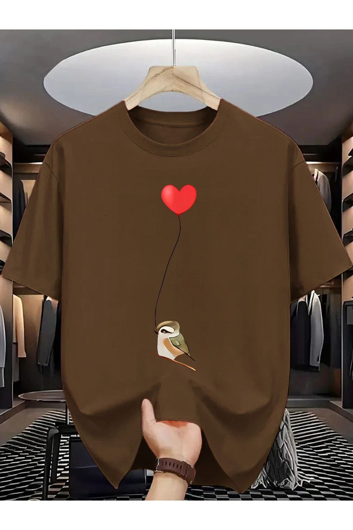 WOODROFFE Erkek Kuş Balon Grafikli Bisiklet Yaka T-shirt Oversize Salaş Boyfirend Siyah