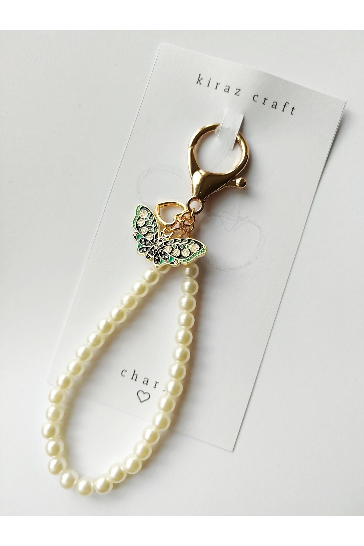Kiraz Craft Kelebek Detay İnci Anahtarlık - Charm Aksesuar Çanta Süsü