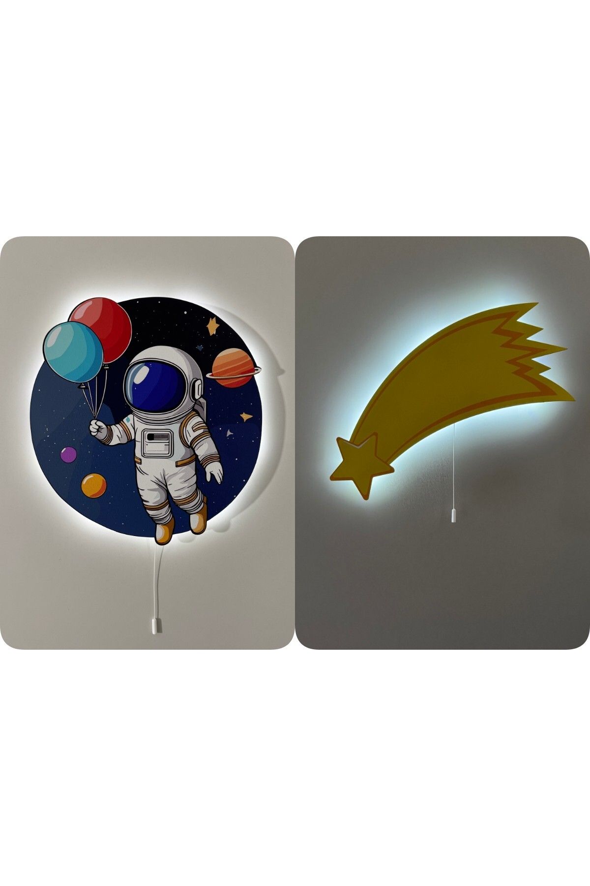 UViolets Dekoratif Ahşap Baskılı Balonlu Astronot ve Uzay Temalı Çocuk Odası Gece Lambası (2'Lİ ÜRÜN)