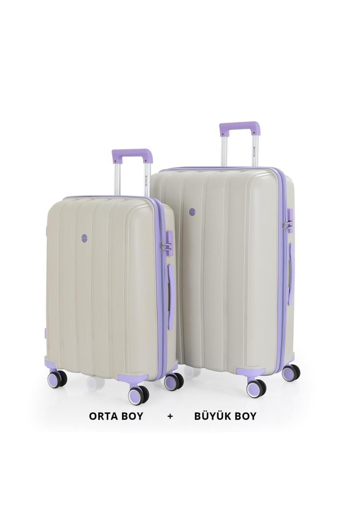 MÇS Bavul Büyük ve Orta 2li Set Kırılmaz Silikon Valiz V305 Kemik/Lila