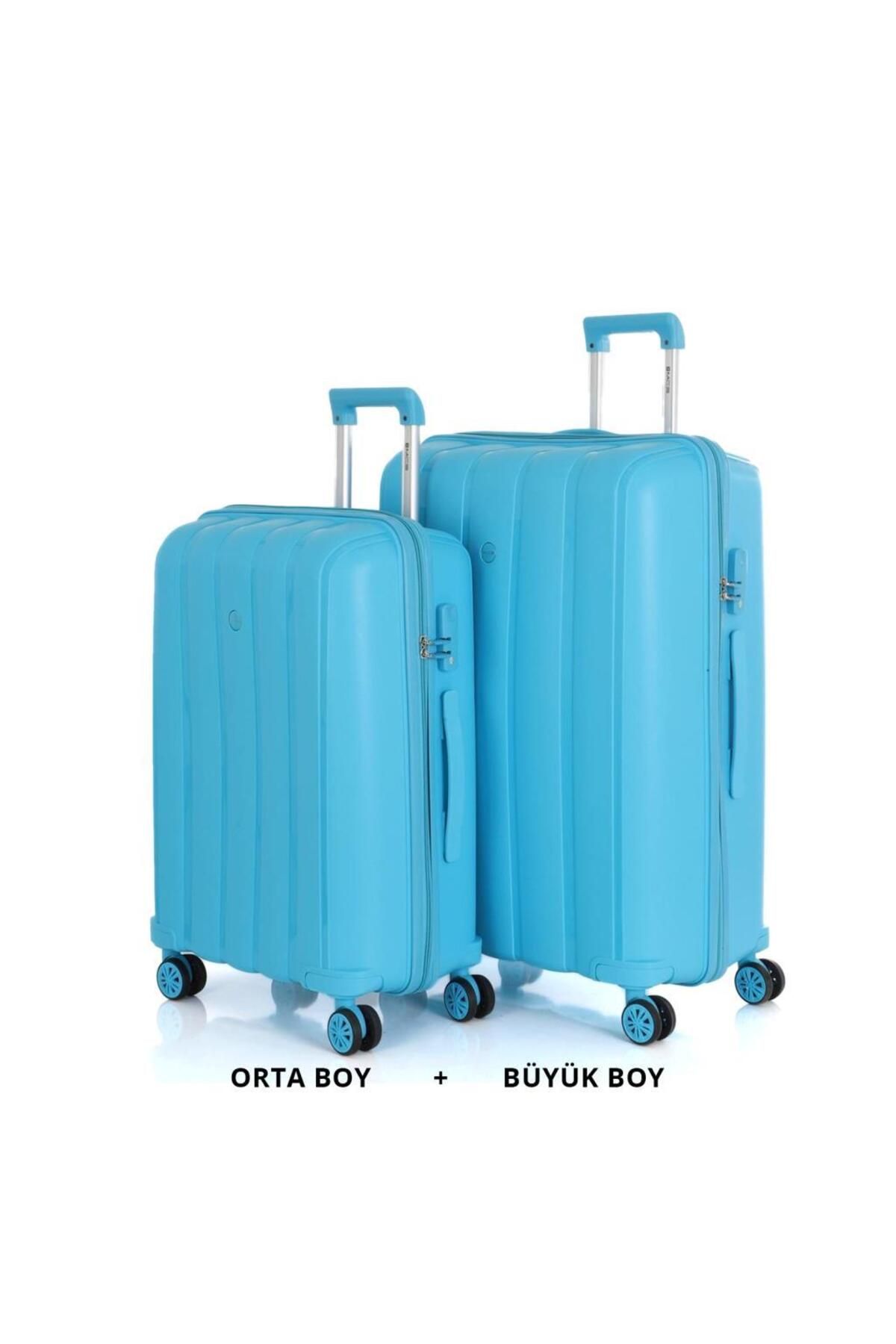 MÇS Bavul Büyük ve Orta 2li Set Kırılmaz Silikon Valiz V305 AçıkMavi