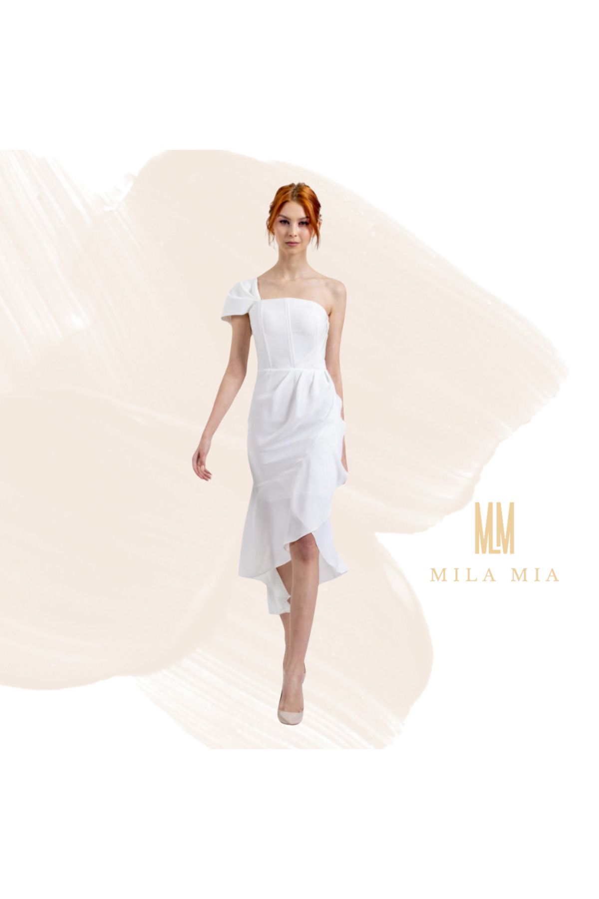 Butik Mila Mia Turkey Tek Omuz Volan Detaylı Asimetrik Kesim Nikah Elbisesi Beyaz Abiye