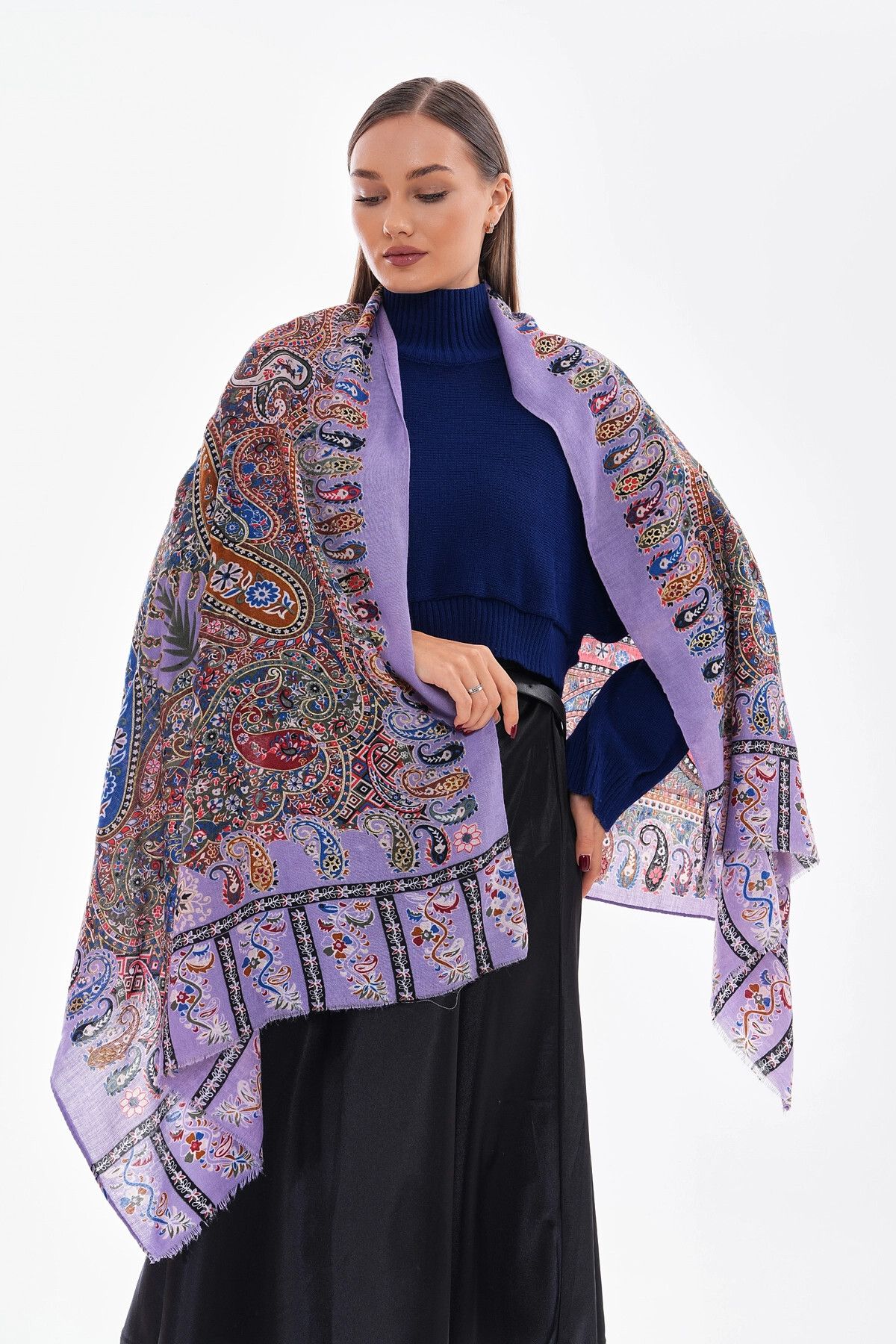 bacc Lila Patchwork Desenli Fransa Kumaşı Varaklı Şal BCNSV-2515176