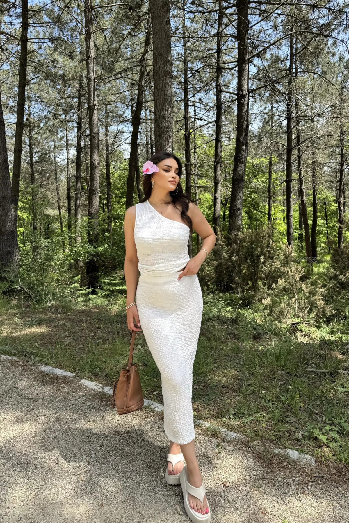 MOZENA Tek Omuz Gofre Kumaş Etekli 2'li Takım