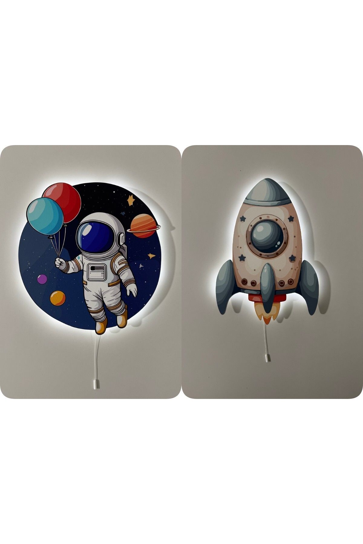 UViolets Dekoratif Ahşap Baskılı Balonlu Astronot ve Uzay Temalı Çocuk Odası Gece Lambası (2'Lİ ÜRÜN)