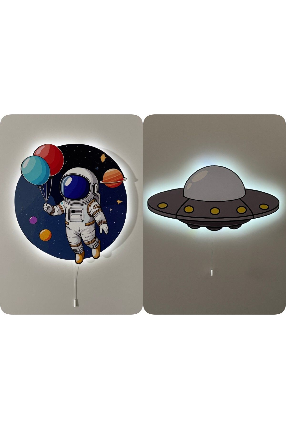 UViolets Dekoratif Ahşap Baskılı Balonlu Astronot ve Uzay Temalı Çocuk Odası Gece Lambası (2'Lİ ÜRÜN)