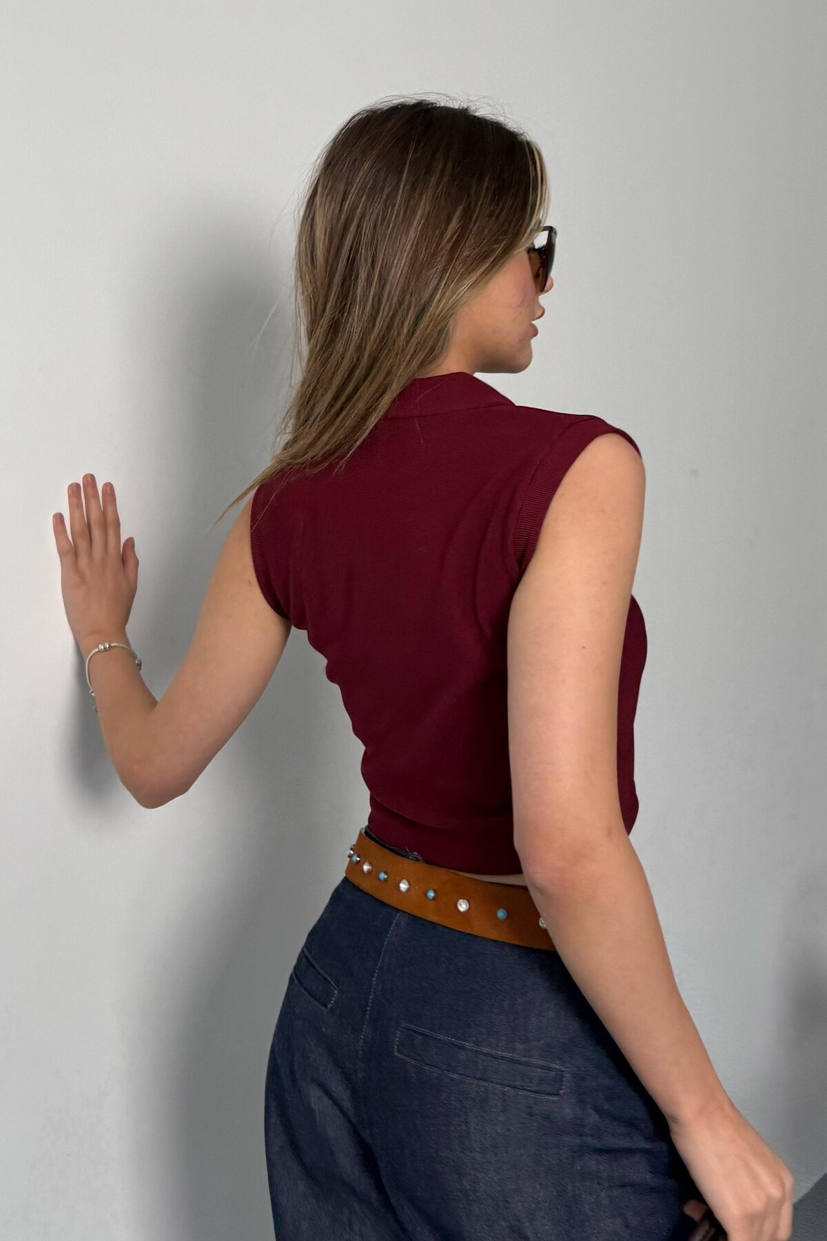 Yazlık Ottoman Kumaş Polo Yaka Düğmeli Bordo Bluz