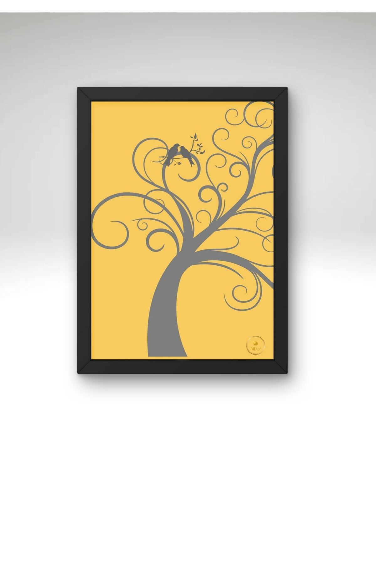 mutasarım Ahşap Çerçeveli Ağaç ve Kuş Soyut Minimalist Modern Tablo Dijital Baskı Duvar Dekoru Poster