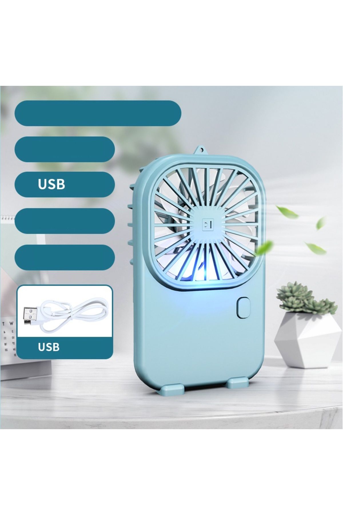 Livava Işıklı Mini Fan, Usb li ve Şarj Edilebilir, Mavi, 14x8