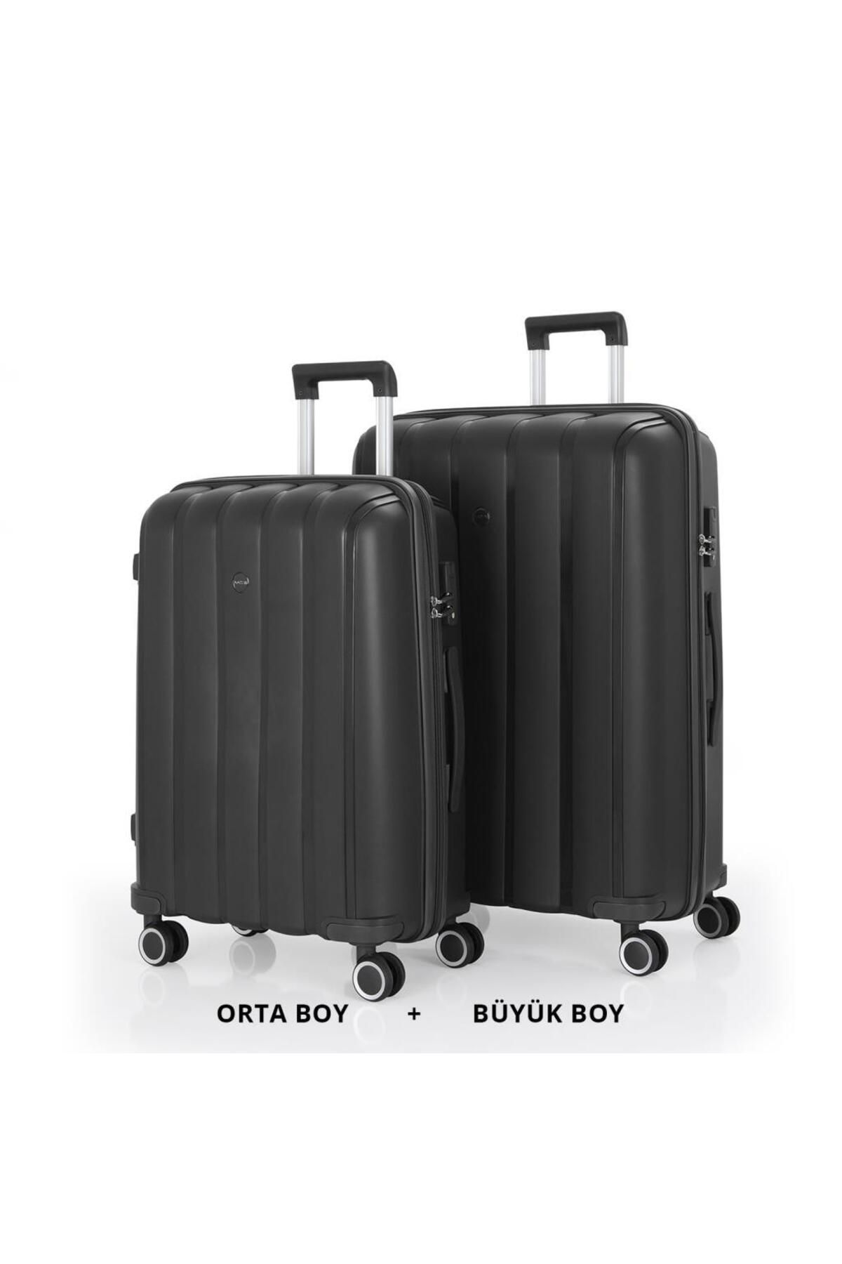 MÇS Bavul Büyük ve Orta 2li Set Kırılmaz Silikon Valiz V305 Siyah