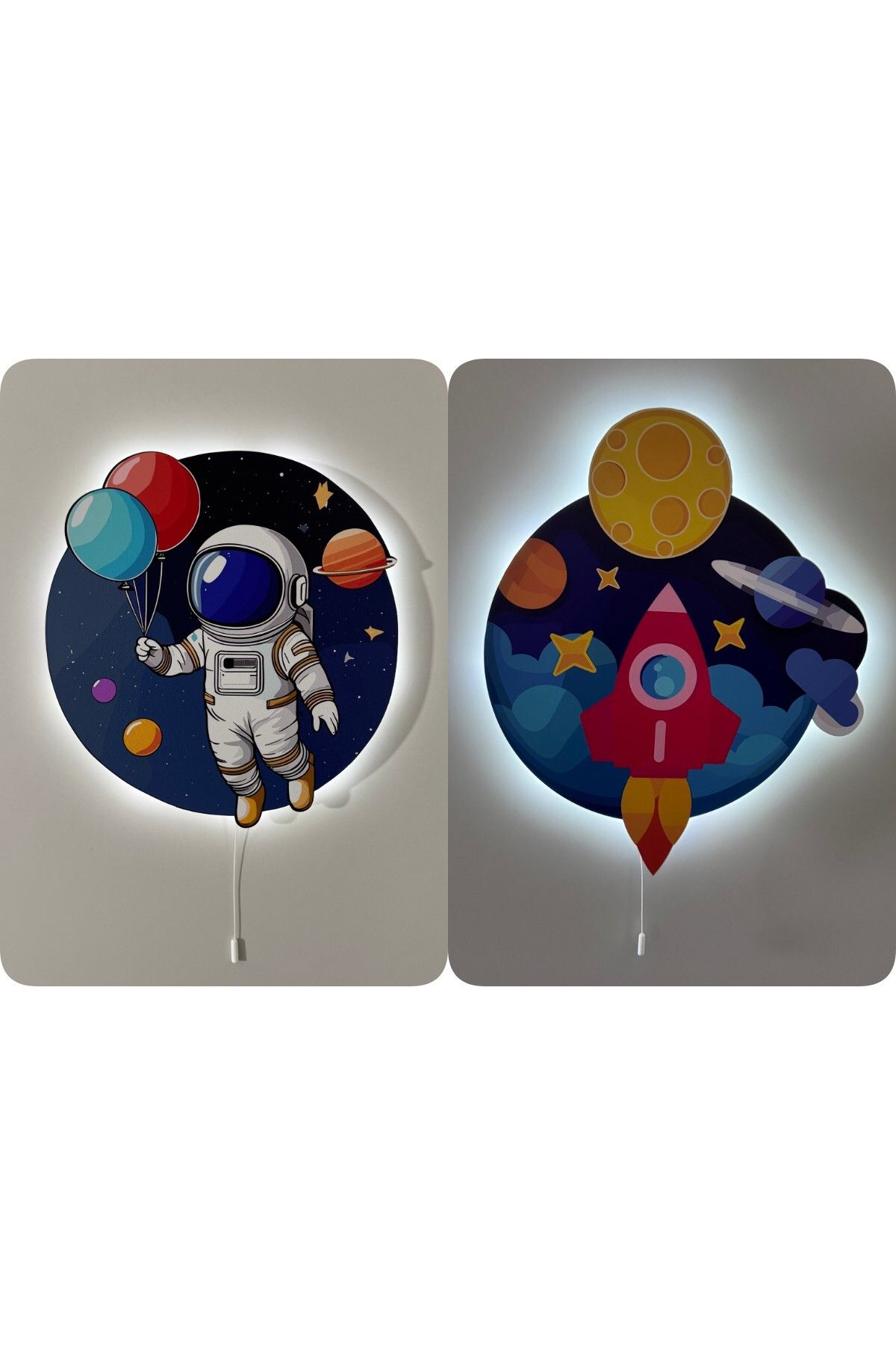 UViolets Dekoratif Ahşap Baskılı Balonlu Astronot ve Uzay Temalı Çocuk Odası Gece Lambası (2'Lİ ÜRÜN)