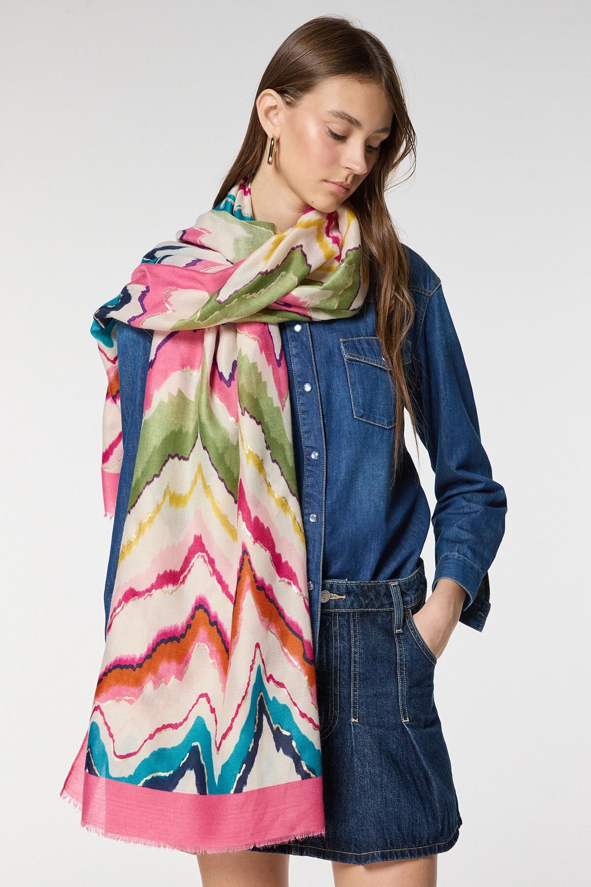 bacc Pembe Zigzag Desenli Varaklı Şal BCNSV-2515087