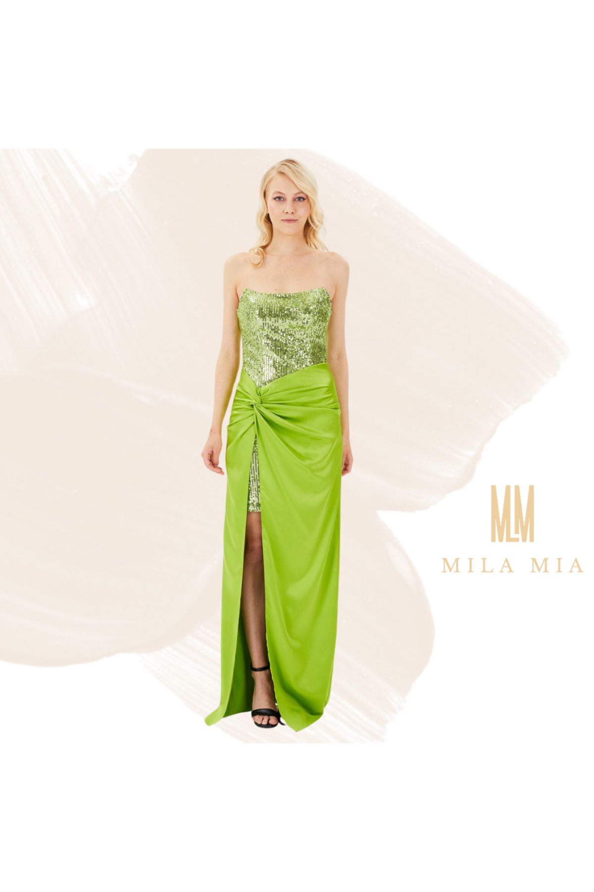 Butik Mila Mia Turkey Payet Detaylı Drapeli Yırtmaçlı Straplez Abiye