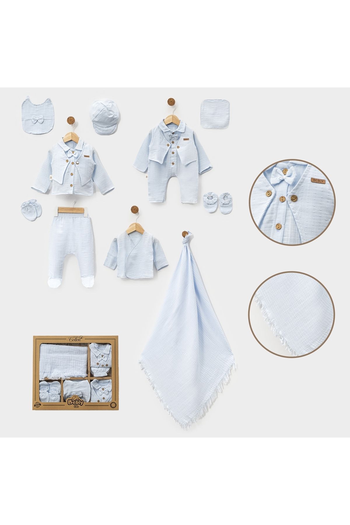Pure Kids Store Kutulu %100 Organik Pamuk Müslin Kumaş Erkek Bebek Yelek Papyon Detaylı 10’lu Hastane Çıkış Seti