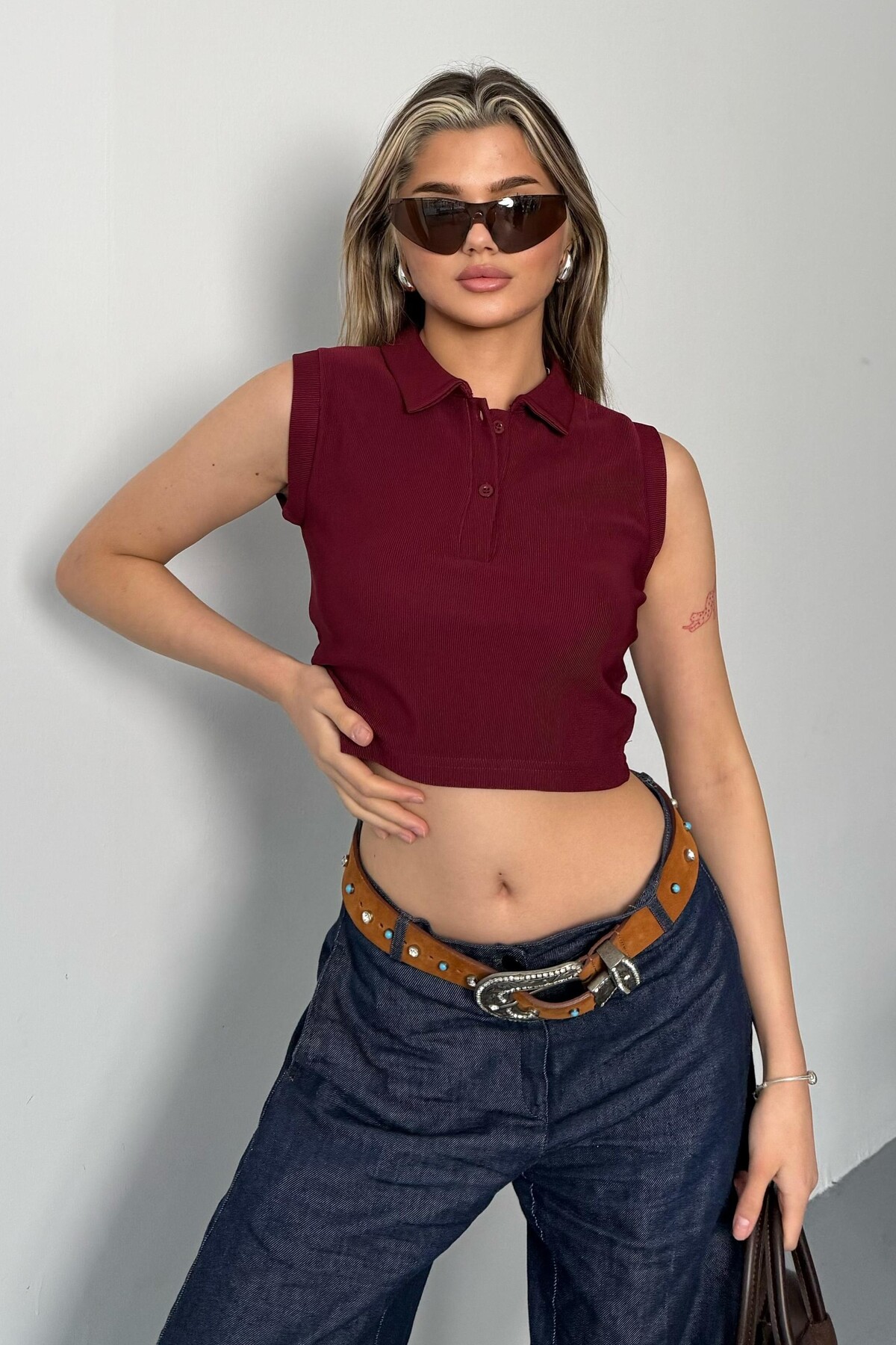 Yazlık Ottoman Kumaş Polo Yaka Düğmeli Bordo Bluz
