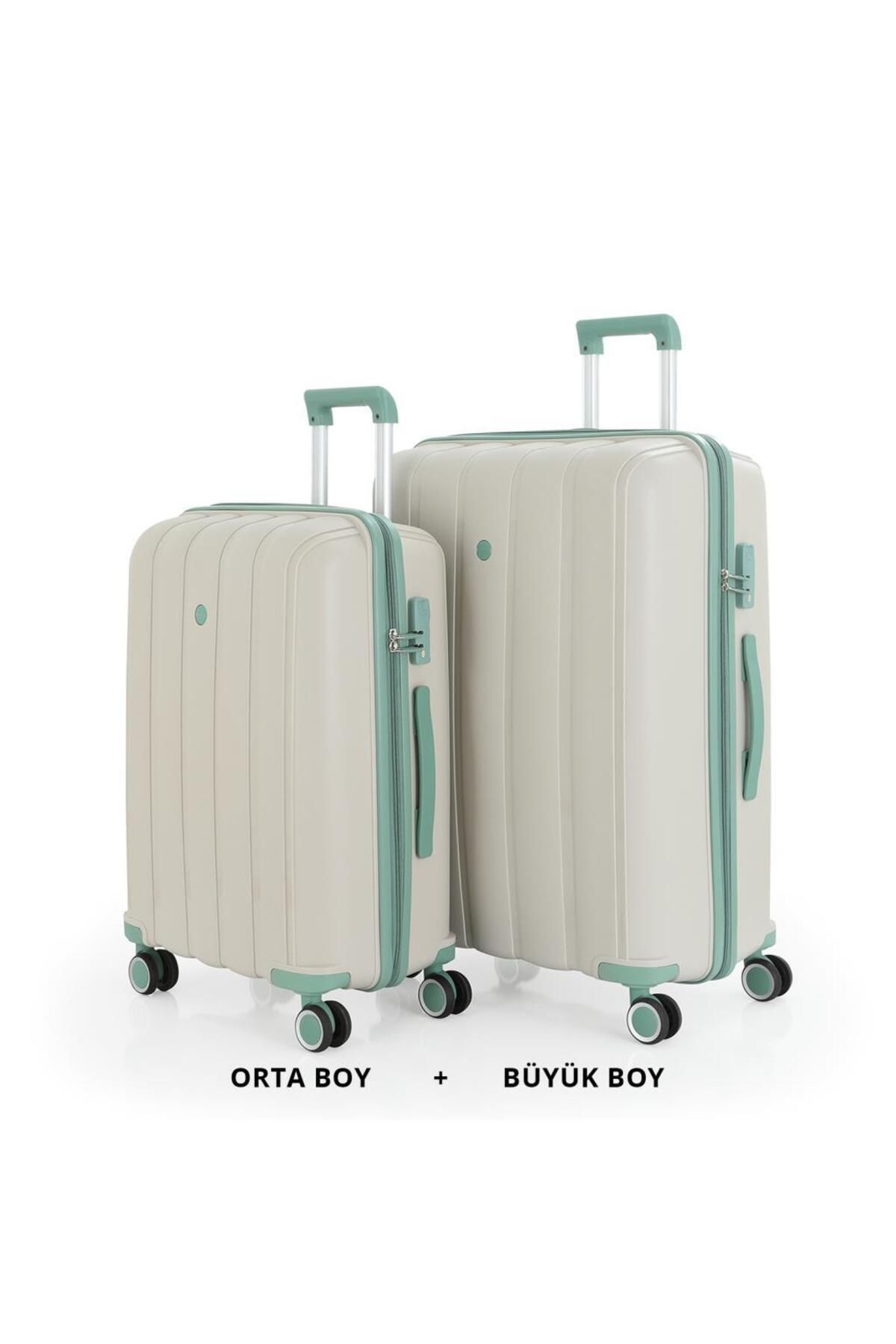MÇS Bavul Büyük ve Orta 2li Set Kırılmaz Silikon Valiz V305 Kemik/SuYeşili