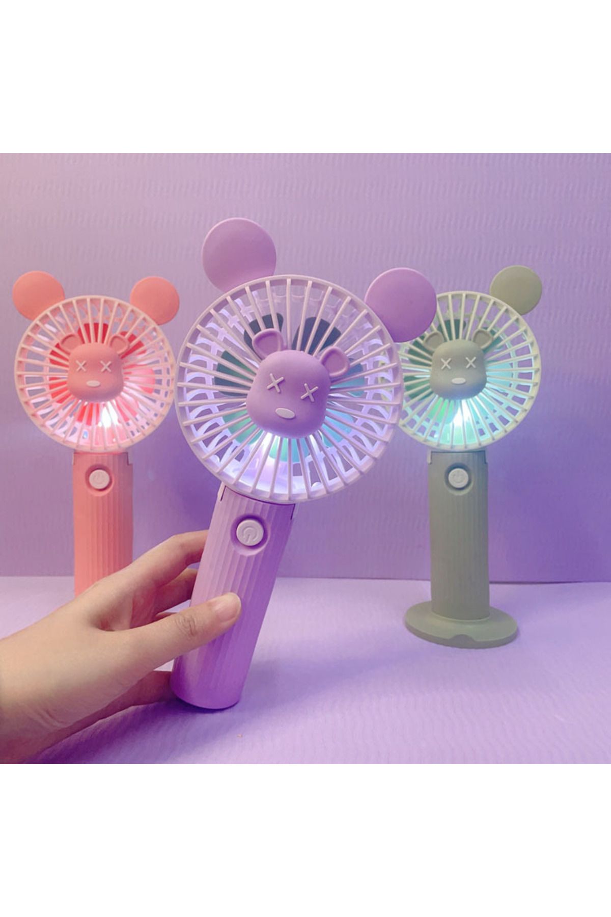 Livava Ayıcıklı Mini Fan Işıklı, Telefon Tutucu, Portatif ve Usb li, Mor, 22x12