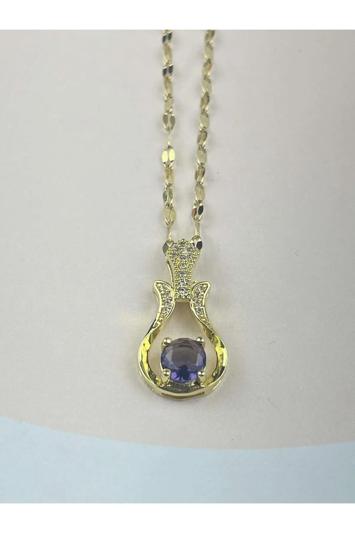LAVİNYAMJEWELLERY MOR TAŞLI LALE DESENLİ ÇELİK KOLYE 316L