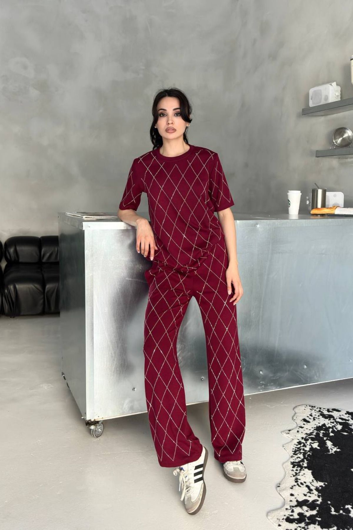 MOZENA Taşlı Modal Kumaş Bisiklet Yaka Bluz Pantolon 2'li Takım