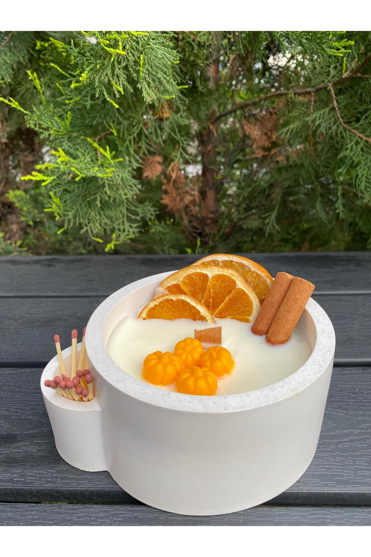 DOĞAL MUM Doğal Soya Mum – Tarçın & Portakal Kabuğu – El Yapımı Kase Mum + Kibrit Kenarlı