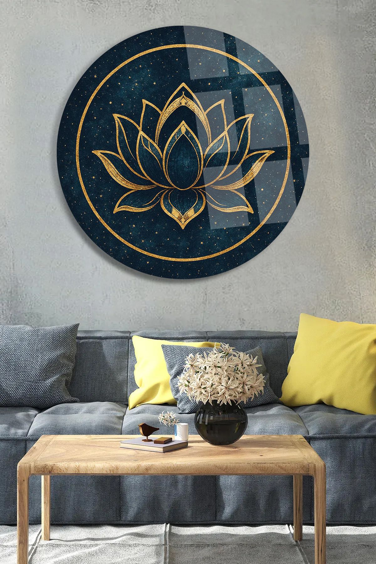 TAULART LACİVERT LOTUS ÇİÇEĞİ TABLOSU TASARIMI LÜKS KIRILMAZ MODERN CAM TABLO HEDİYE TABLO MODERN TABLO