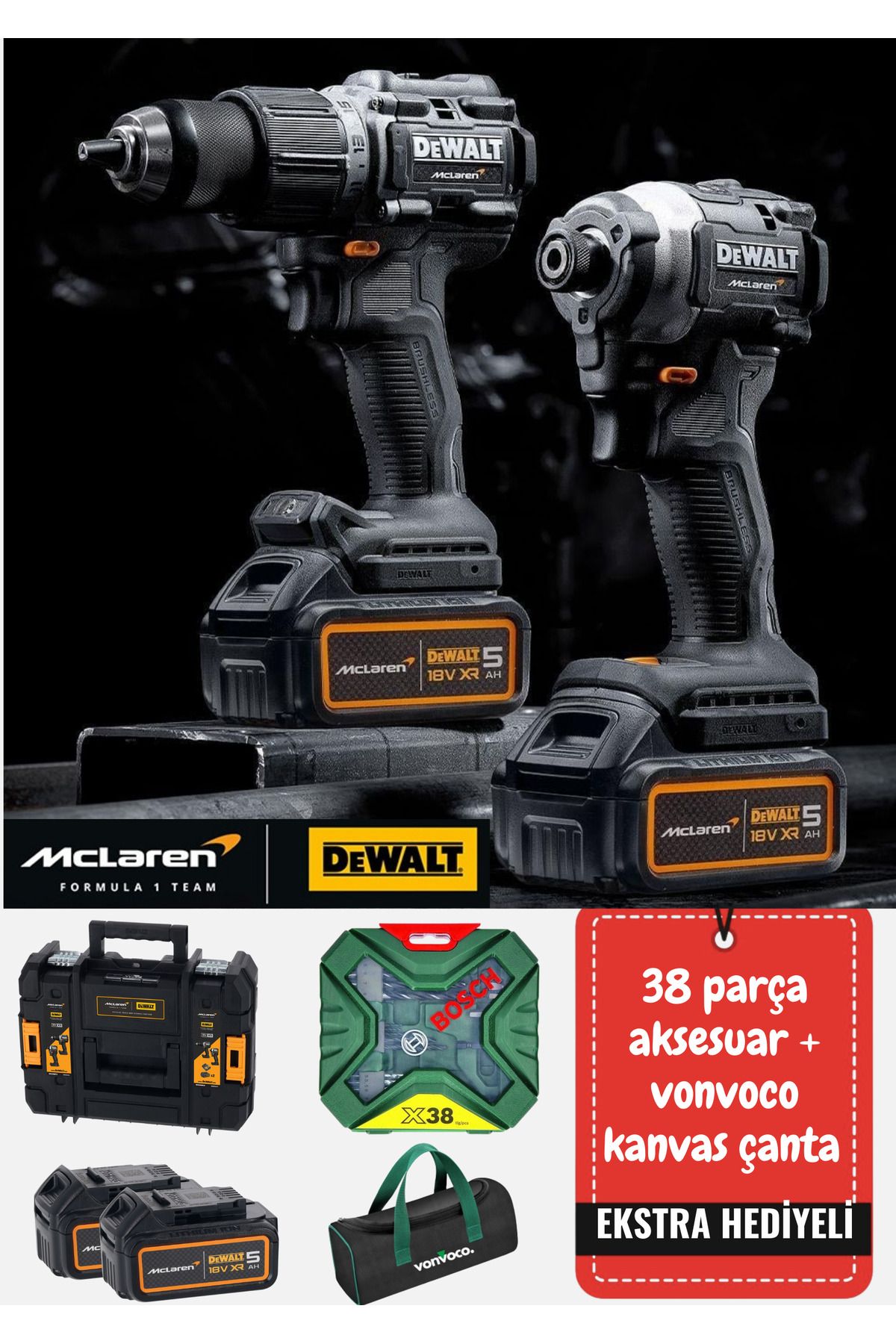 Dewalt DCK200MP2T-QW X Mclaren 18V XR 5.0 Ah. 2'li Dewalt Şarjlı Vidalama Akülü Somun Sıkma Özel Seri
