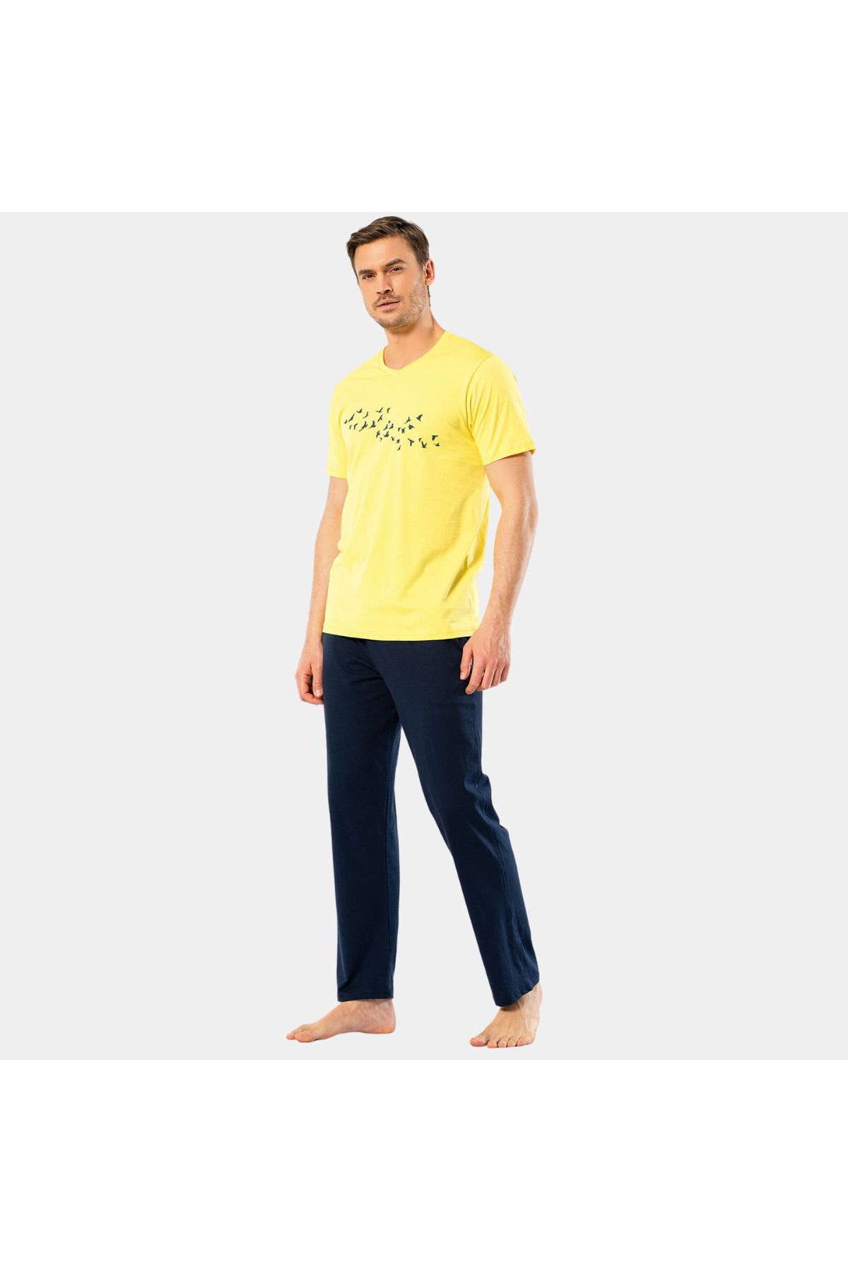 TÜREN Türen Erkek Baskılı V Yaka Pantolon Pijama Takım 4135/Sarı