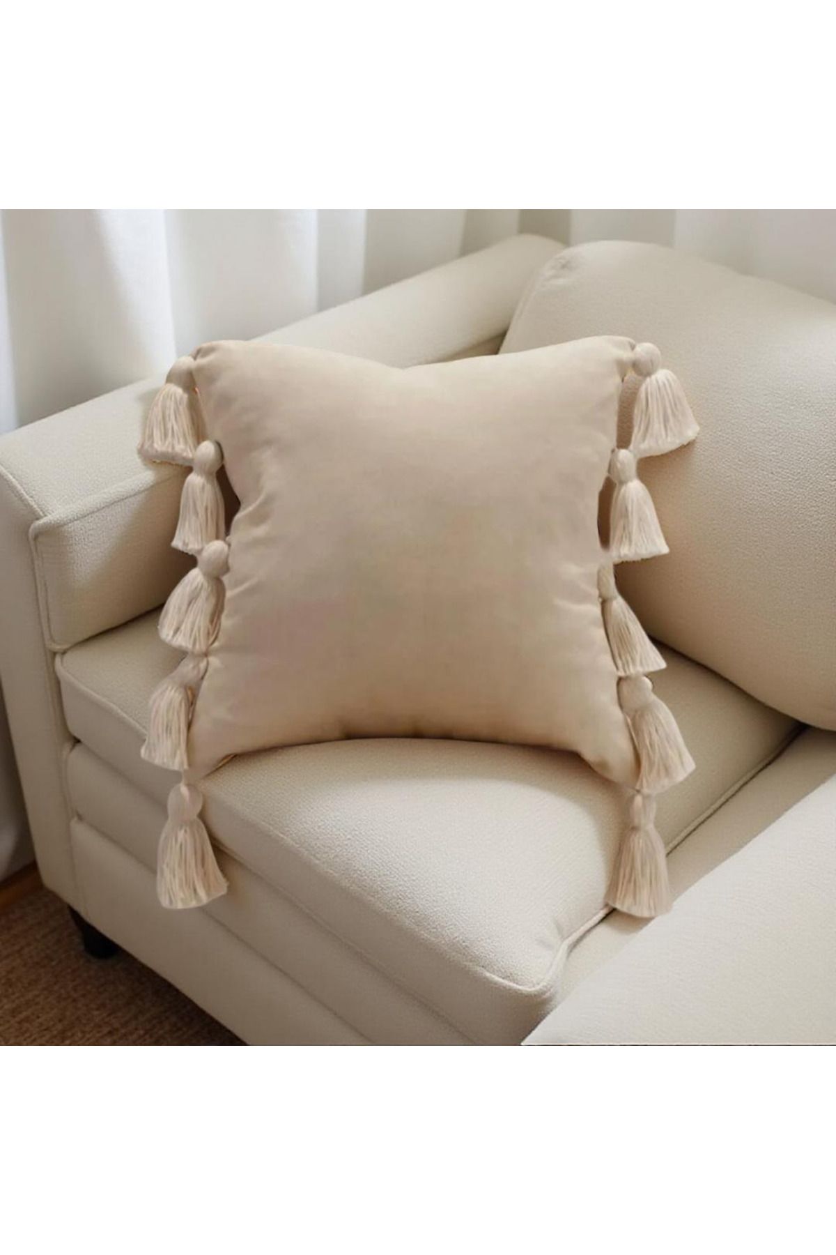 MS Store Kırlent kılıfı yastık kılıfı çok püsküllü krem Renk 45×45 cm