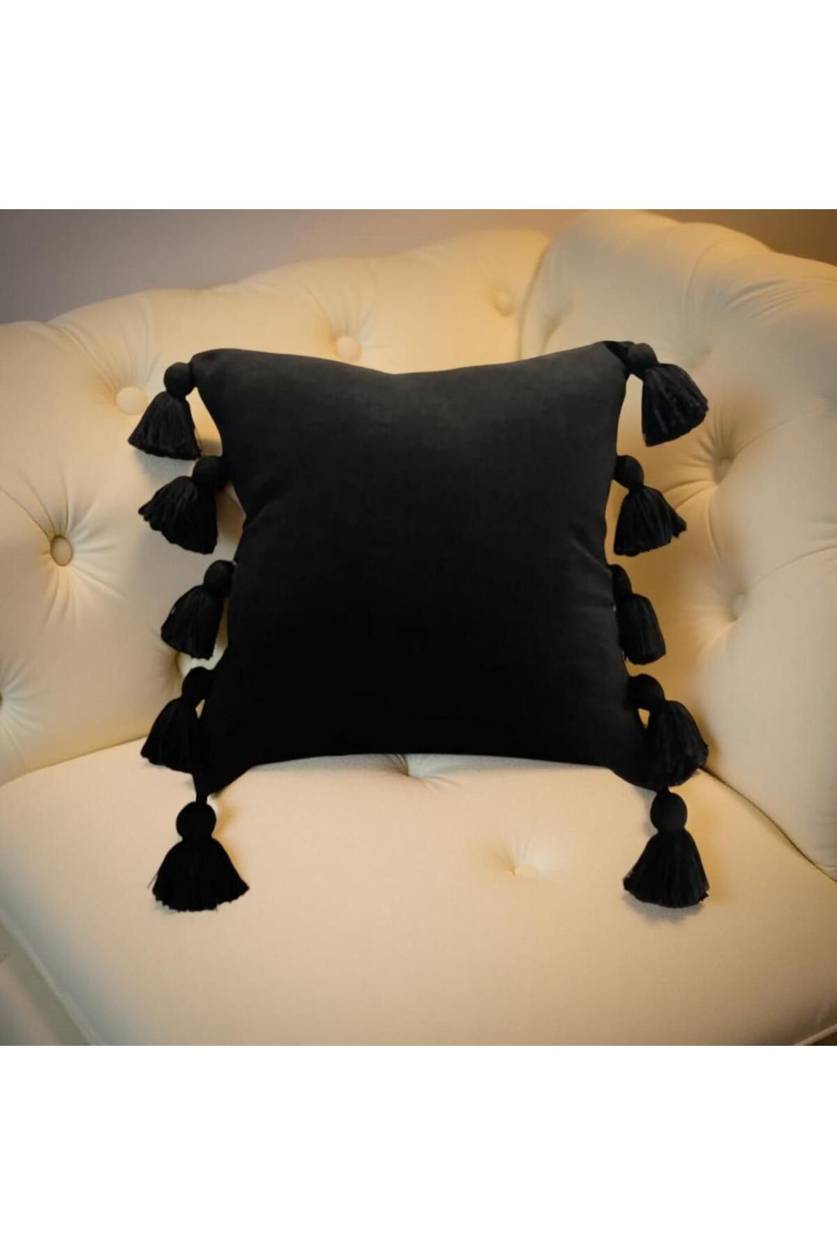 MS Store Kırlent kılıfı yastık kılıfı çok püsküllü Siyah 45×45 cm Kırlent Kılıfı