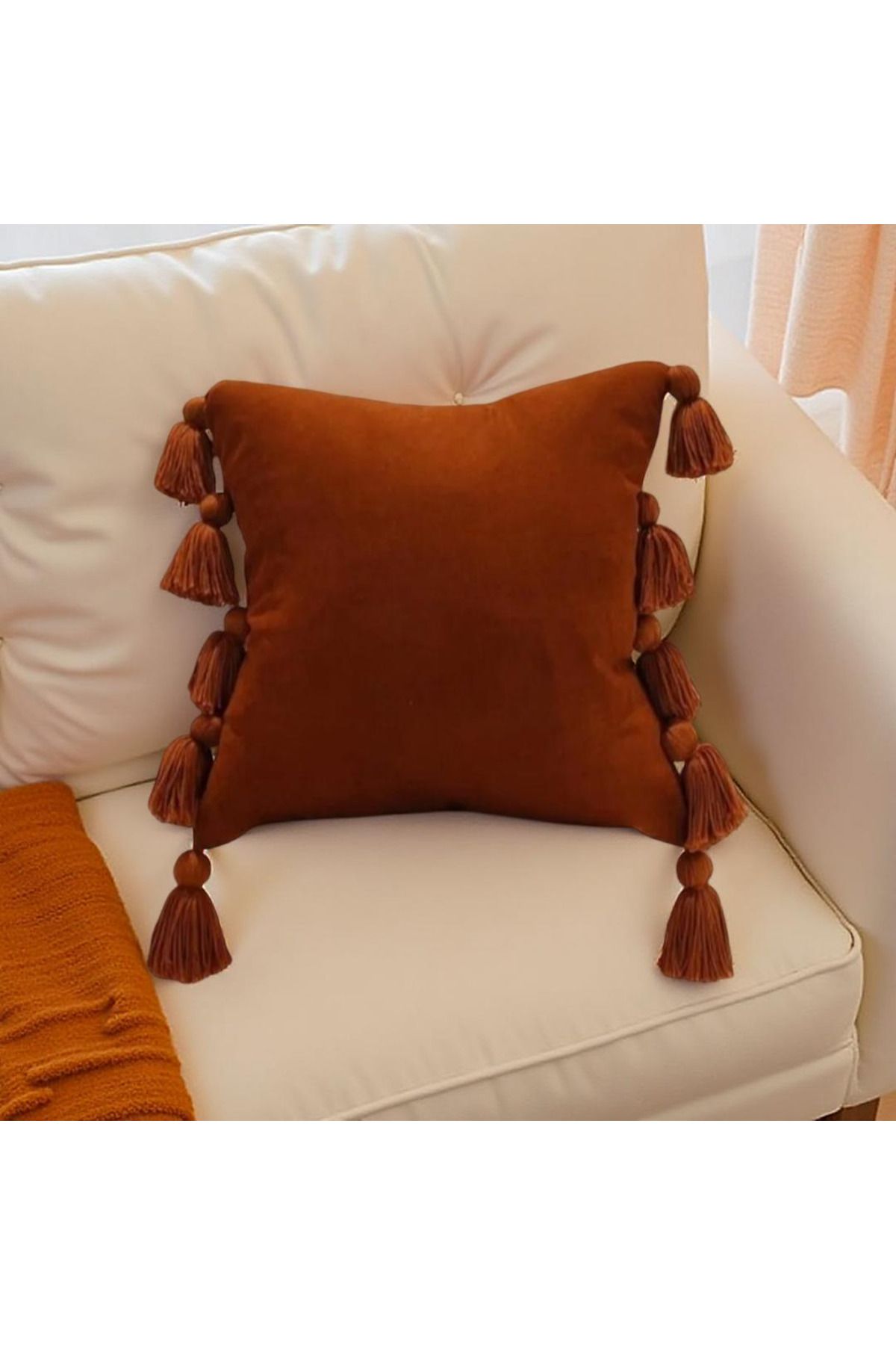 MS Store Kırlent kılıfı yastık kılıfı çok püsküllü Kiremit Rengi 45×45 cm Kırlent Kılıfı