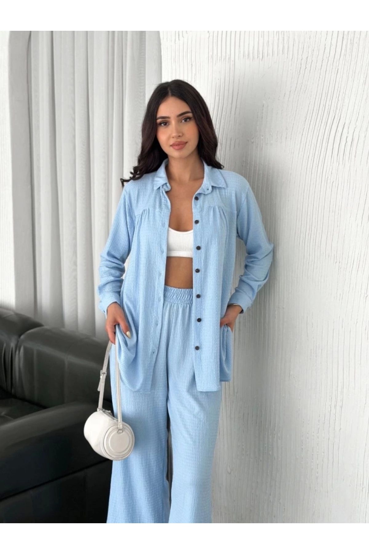 Silerra Yakalı Düğmeli Uzun Kollu Gömlek Pantolon Ikili Takım - Bebek Mavisi