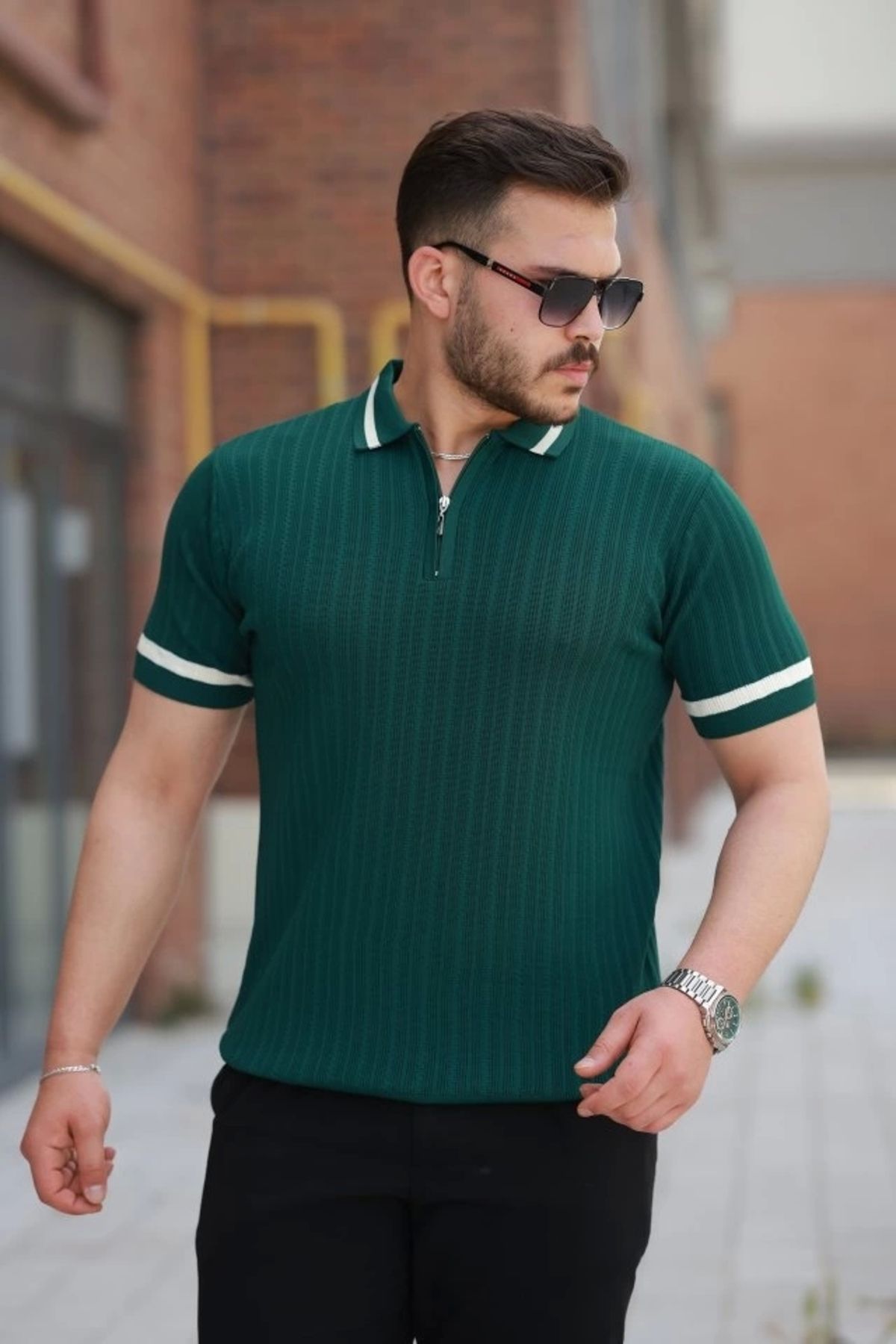 Silerra Erkek Yaka Ve Kolları çizgi Detaylı Fermuarlı Kısa Kollu T-shirt
