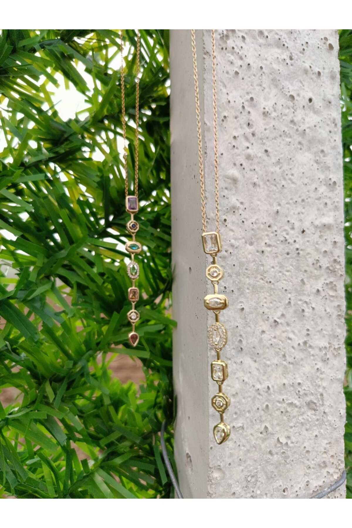 GLOW LUXE 7 Elementli Zirkon Taşlı Özel Y Tasarım Kadın Çelik Vip Gold Renk Kolye